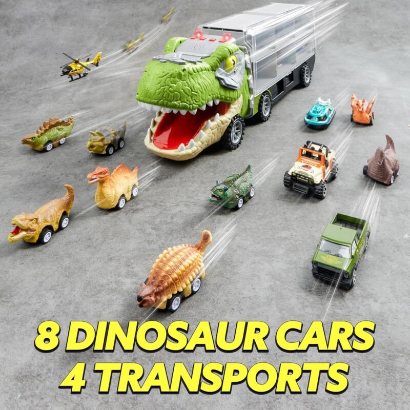 JOYIN 13 in 1 Dinosaur Toys for Kids 3-5, Dinosaur Truck with 12 Pull Back Cars, Small Cars Set, Birthday Gifts Toys for 3 4 5+ Year Old Boy, Transport Carrier Truck for Toddlers 3-4 Years - Image 5