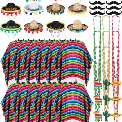 48 Pcs Mexican Costume Poncho Sombrero Serape Cinco De Mayo Fiesta Party Supplies Poncho Mustaches Necklace Set for Adults Party Favors Decorations