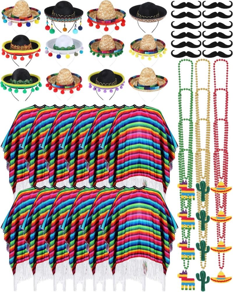 48 Pcs Mexican Costume Poncho Sombrero Serape Cinco De Mayo Fiesta Party Supplies Poncho Mustaches Necklace Set for Adults Party Favors Decorations