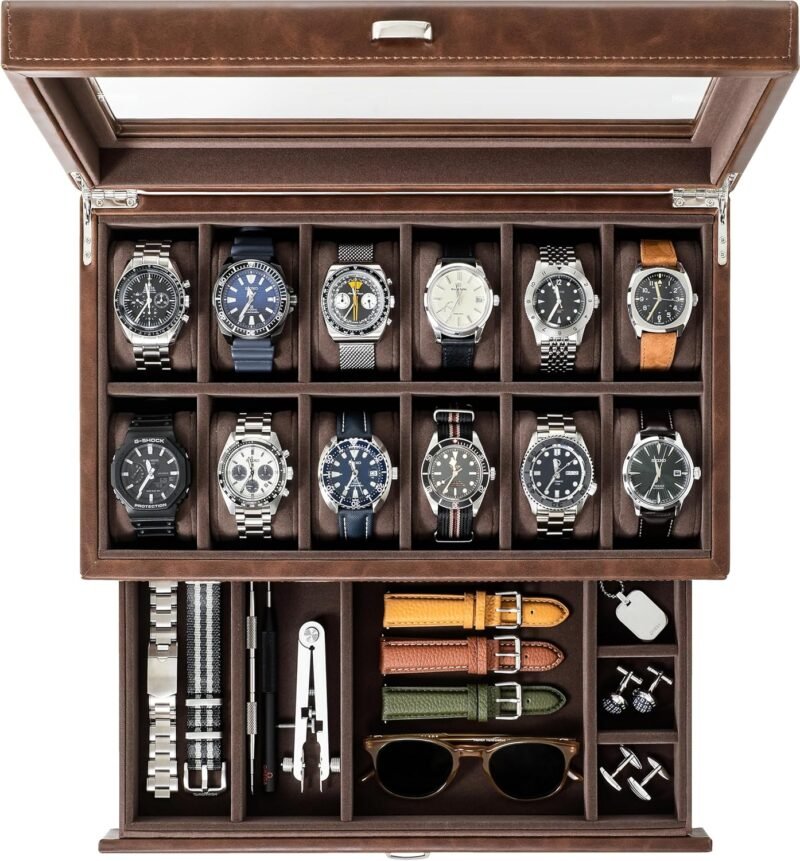 TAWBURY 12 Slot Watch Box Organizer for Men – Luxury Watch Display Case for Men | Mens Watch Case 12 Slot | Watch Storage Case - Brown