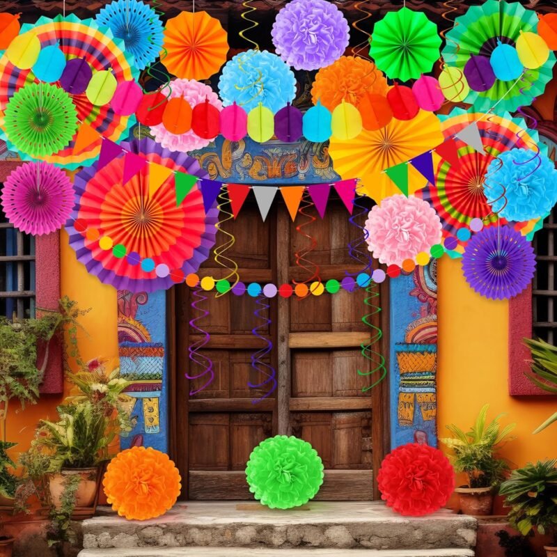 35 PCS Cinco de Mayo Decorations, Fiesta Party Decorations, Cinco de Mayo Banner Paper Fans Tissue Pompom Hanging Swirls Garland String for Fiesta Mexican Party Decorations Favors Supplies Decor - Image 6