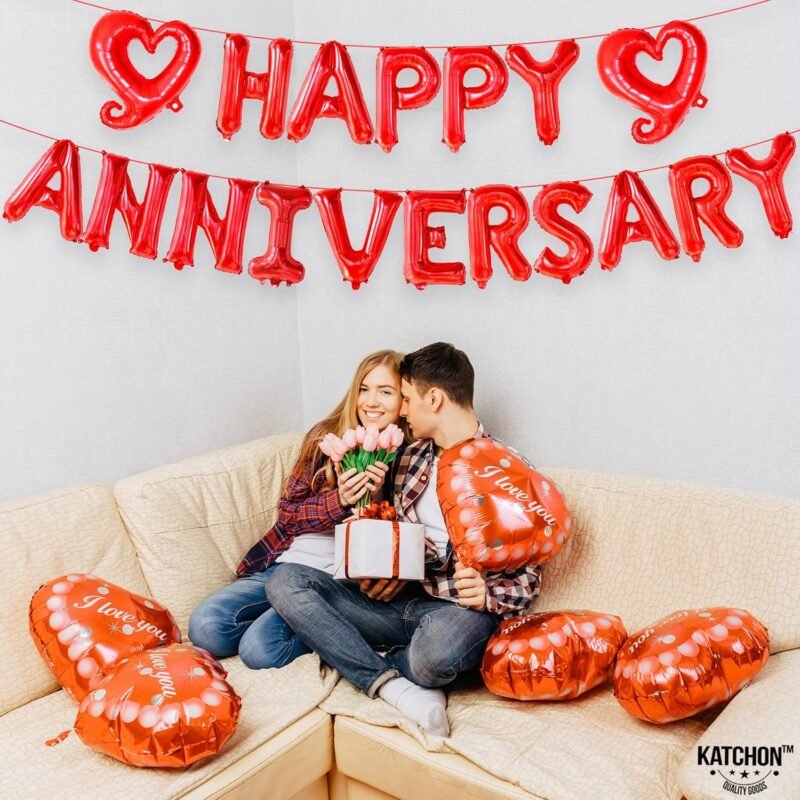 KatchOn 18 Inch Happy Anniversary Balloons Letters - Big Red Banner for Decorations | Heart Balloons for Party - Image 6