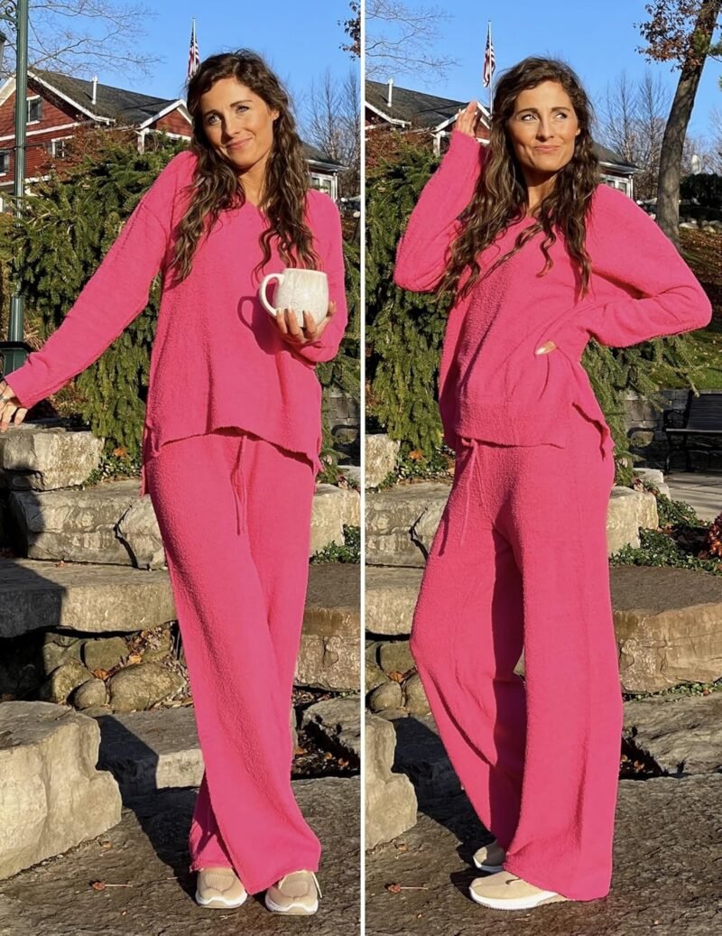 Ekouaer Pajamas for Women 2 Piece Lounge Set Fuzzy Fleece Long Sleeve Pullover Sweater Top Wide Leg Pants Set Outfits S-XXL - Image 2