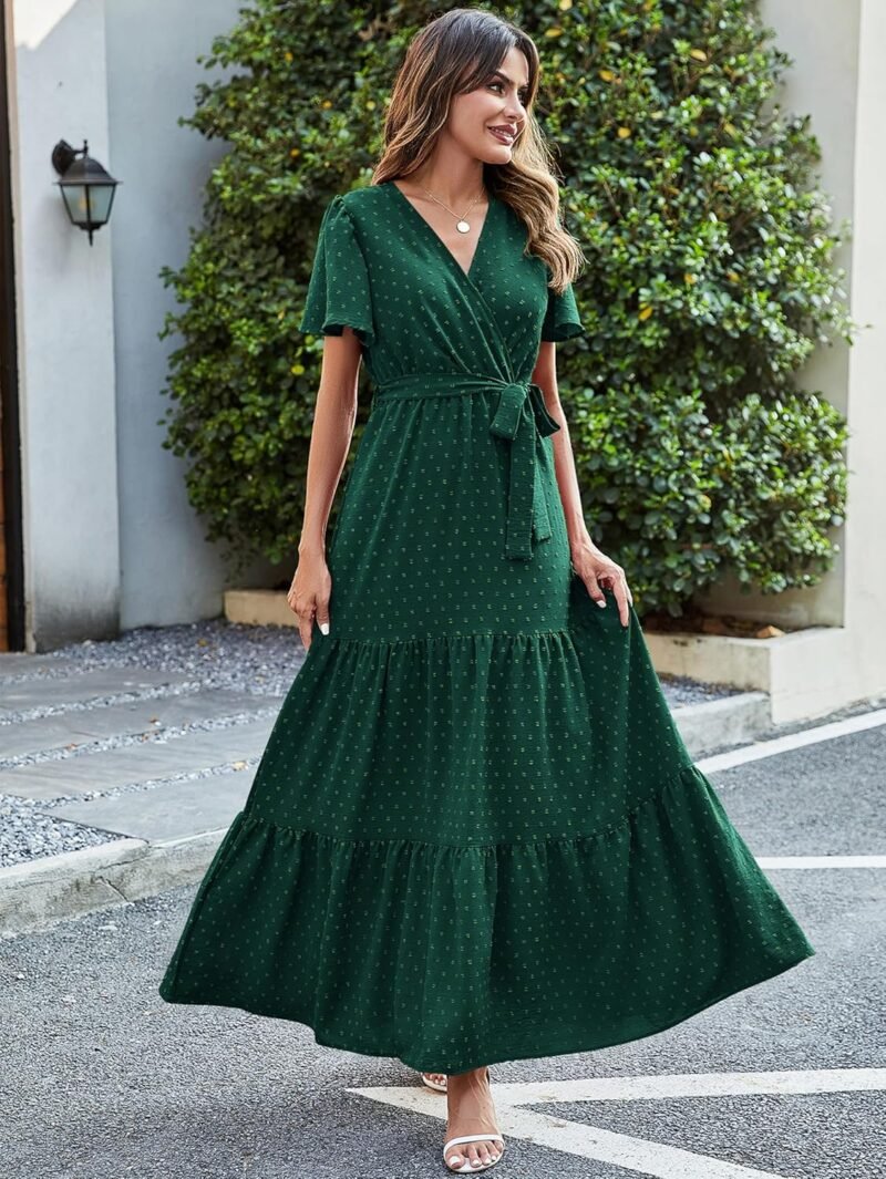 MASCOMODA Womens Boho Swiss Dot Maxi Dresses Wrap V Neck Flutter Short Sleeve Solid Tie Belt A Line Tiered Flowy Long Dress - Image 4