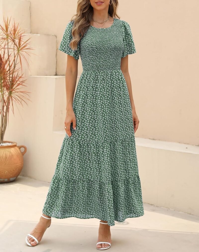 Kranda Women Summer Dress Round Neck Flutter Short Sleeve Smocked Ruffle Tiered Floral Maxi Dress 2024 - Image 2