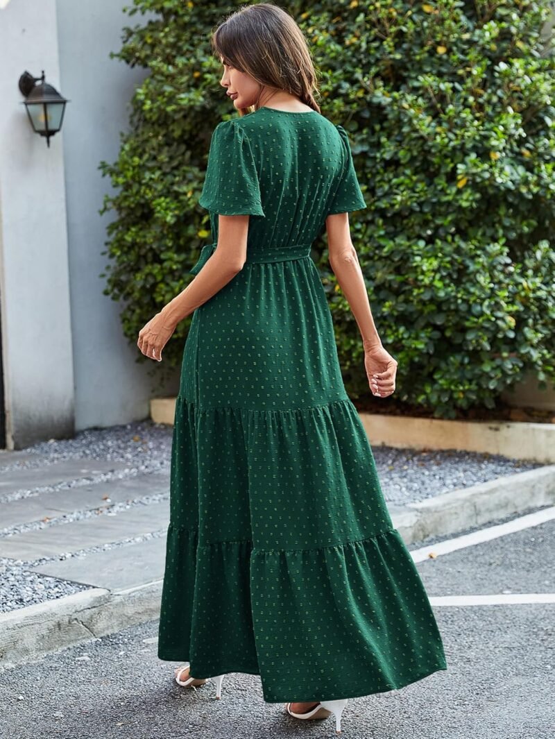 MASCOMODA Womens Boho Swiss Dot Maxi Dresses Wrap V Neck Flutter Short Sleeve Solid Tie Belt A Line Tiered Flowy Long Dress - Image 5