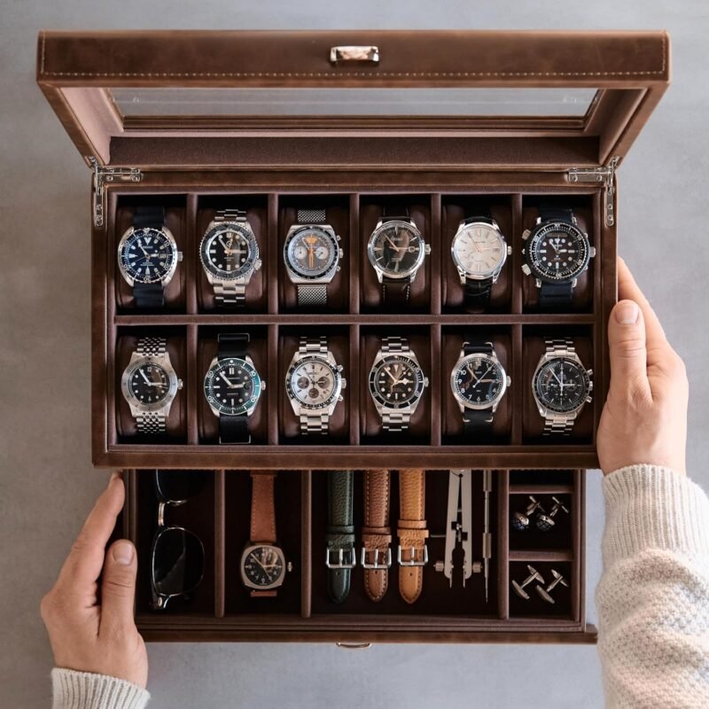 TAWBURY 12 Slot Watch Box Organizer for Men – Luxury Watch Display Case for Men | Mens Watch Case 12 Slot | Watch Storage Case - Brown - Image 8