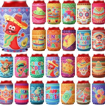 24 Pcs Mexican Can Coolers Sleeves for Adult Party Favors 12 oz Fiesta Soda Beverages Covers Neoprene Insulated Beer Bottle for Cinco De Mayo Party Supplies