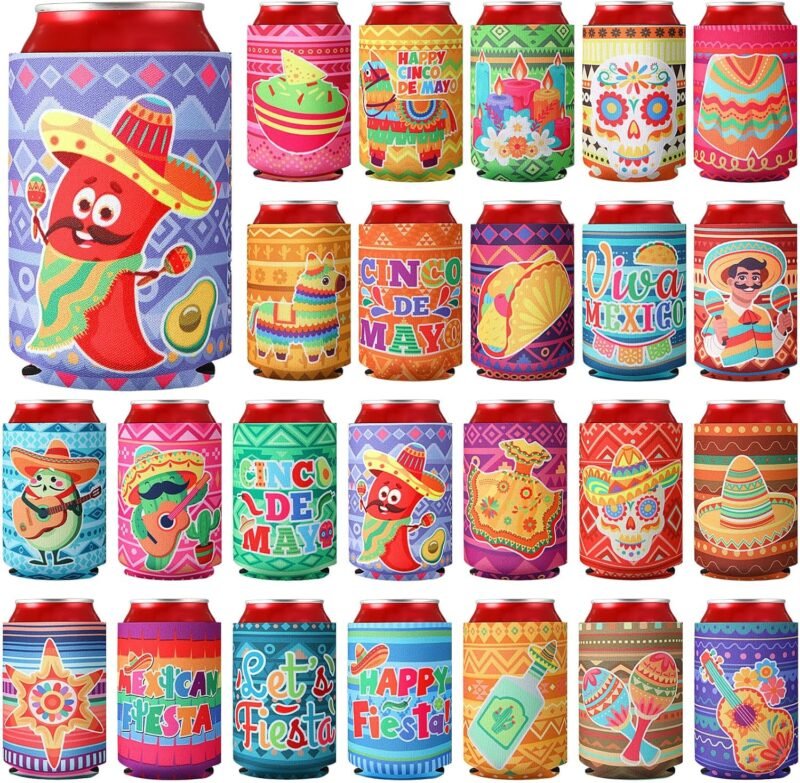 24 Pcs Mexican Can Coolers Sleeves for Adult Party Favors 12 oz Fiesta Soda Beverages Covers Neoprene Insulated Beer Bottle for Cinco De Mayo Party Supplies