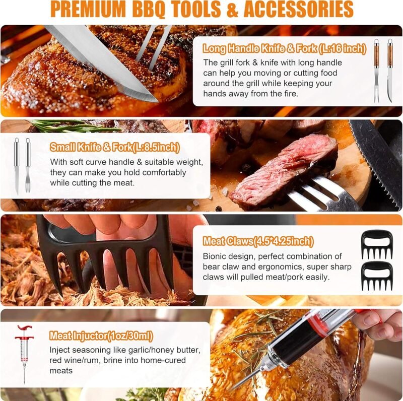 BBQ Grill Accessories Set, 38Pcs Stainless Steel Grill Tools Grilling Accessories with Aluminum Case, Thermometer, Grill Mats for Camping/Backyard Barbecue, Grill Set for Men Women - Image 3