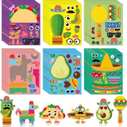 Haooryx 36Pcs Make Your Own Fiesta Stickers Sheet, Make a Face Stickers Game Mexican Fiesta Cinco De Mayo Taco Sticker Mix and Match Cactus Sticker for Kids Birthday Party Favor Gift Art Craft Rewards