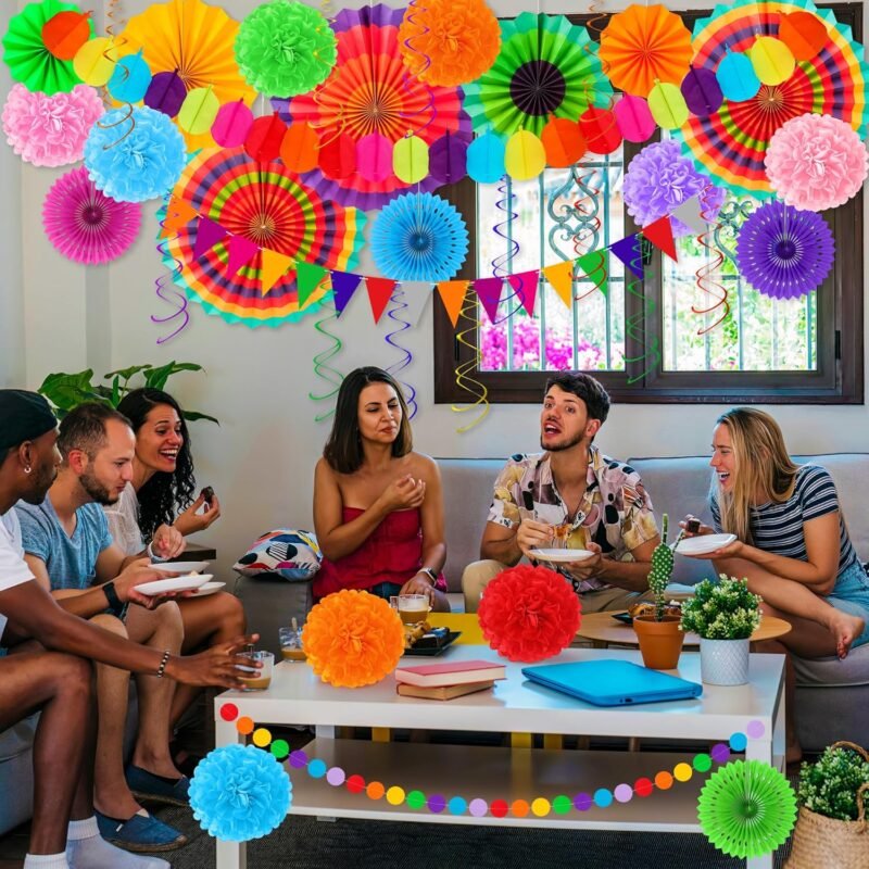 35 PCS Cinco de Mayo Decorations, Fiesta Party Decorations, Cinco de Mayo Banner Paper Fans Tissue Pompom Hanging Swirls Garland String for Fiesta Mexican Party Decorations Favors Supplies Decor - Image 7