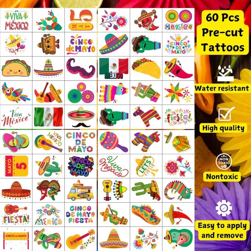 Cinco De Mayo Temporary Tattoos - Cinco De Mayo Decorations Fiesta Party Decorations Supplies Accessories Traditional Mexico Fiesta Party Favors Mexican Design Taco Celebration Gift Idea For Family - Image 5