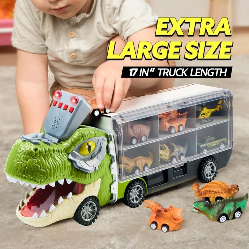 JOYIN 13 in 1 Dinosaur Toys for Kids 3-5, Dinosaur Truck with 12 Pull Back Cars, Small Cars Set, Birthday Gifts Toys for 3 4 5+ Year Old Boy, Transport Carrier Truck for Toddlers 3-4 Years - Image 6