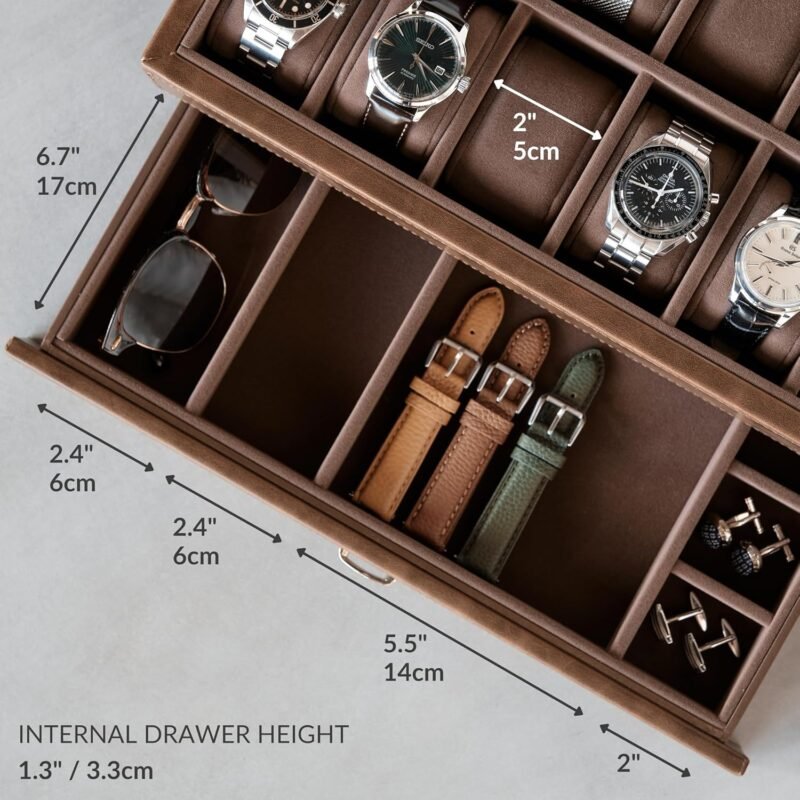 TAWBURY 12 Slot Watch Box Organizer for Men – Luxury Watch Display Case for Men | Mens Watch Case 12 Slot | Watch Storage Case - Brown - Image 7