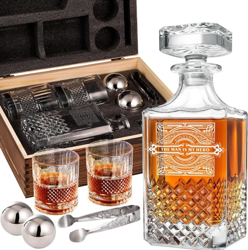 Whiskey Decanter, Decanter Sets for Men, Whiskey Glasses, Stainless Steel Whiskey Stones and Tongs with Wooden Gift Box, Father's Day Gifts for Dad, Retirement Birthday Gifts for Men