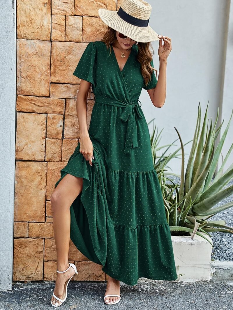 MASCOMODA Womens Boho Swiss Dot Maxi Dresses Wrap V Neck Flutter Short Sleeve Solid Tie Belt A Line Tiered Flowy Long Dress - Image 2
