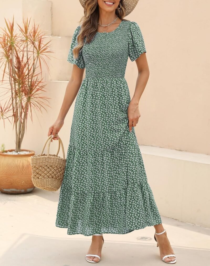 Kranda Women Summer Dress Round Neck Flutter Short Sleeve Smocked Ruffle Tiered Floral Maxi Dress 2024 - Image 5