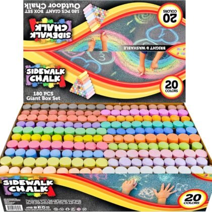 JOYIN 180 PCS Washable Sidewalk Chalks Set in 20 Colors Non-Toxic Jumbo Chalk for Outdoor Art Play, Painting on Chalkboard, Blackboard and Playground