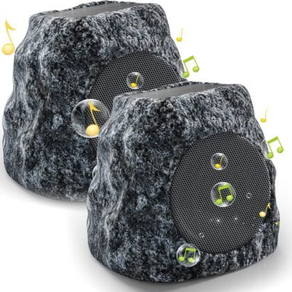 Outdoor Rock Speaker 60W Deep Bass Multi-Sync up to 100 Speakers Auto-Pairing, IPX7 Waterproof Solar-Powered Bluetooth Speaker Perfect for Pool, Garden, Patio, Ideal for Music Entertainers - 2 Pack