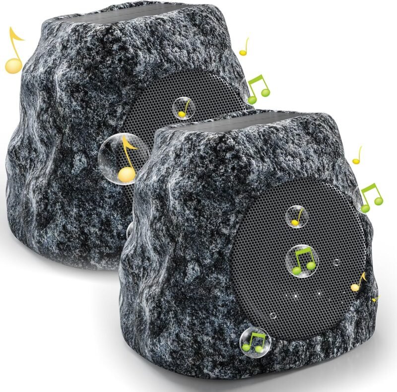 Outdoor Rock Speaker 60W Deep Bass Multi-Sync up to 100 Speakers Auto-Pairing, IPX7 Waterproof Solar-Powered Bluetooth Speaker Perfect for Pool, Garden, Patio, Ideal for Music Entertainers - 2 Pack