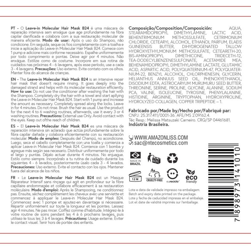 Leave-In Molecular Peptides Leave-In Repair Hair Mask B24, Repairs Dry or Damaged Hair, Reverse Hair Damage from Bleach, Color, Chemical Services & Heat (3.38 fl oz) - Image 8
