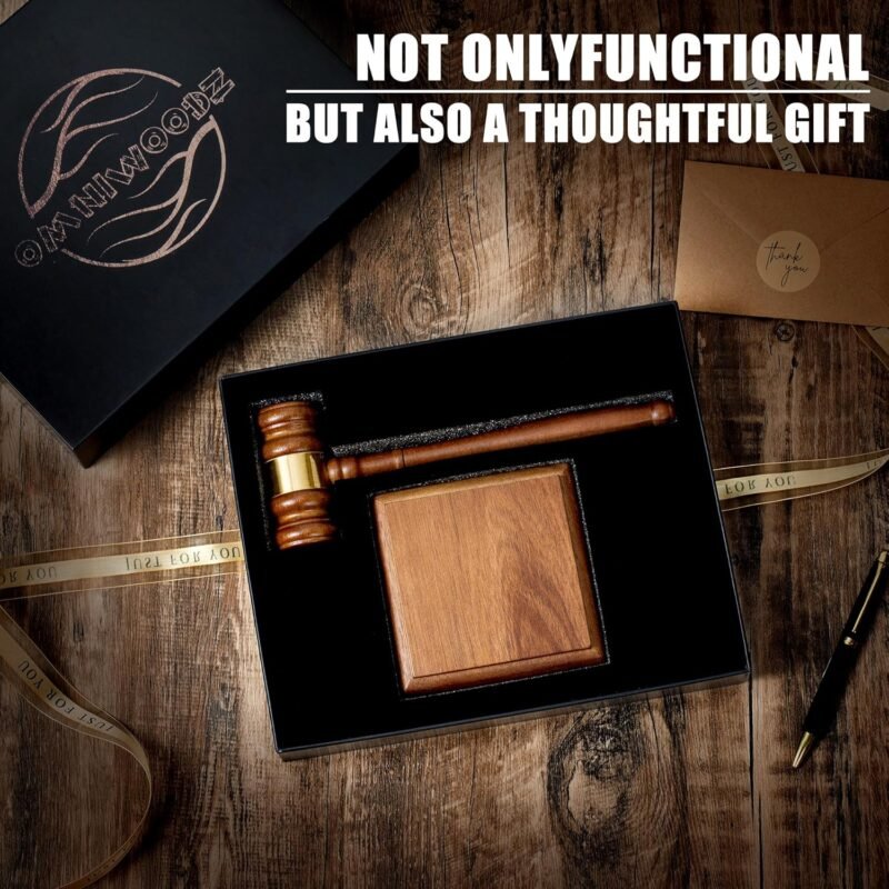 Premium Wooden Gavel and Block Set with Gold Band - Perfect for Student, Lawyer, Auction, Court, and Judge Meetings - Large Acacia Wood Gavel with Rectangular/Square Block - Image 6