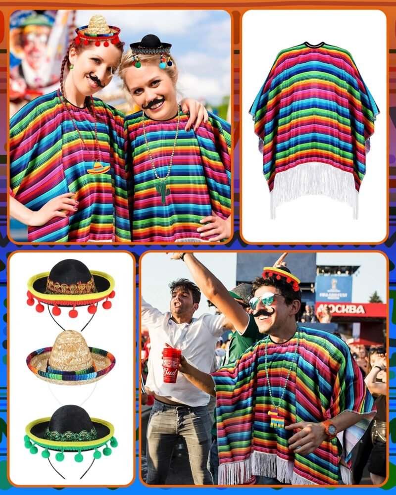 48 Pcs Mexican Costume Poncho Sombrero Serape Cinco De Mayo Fiesta Party Supplies Poncho Mustaches Necklace Set for Adults Party Favors Decorations - Image 5