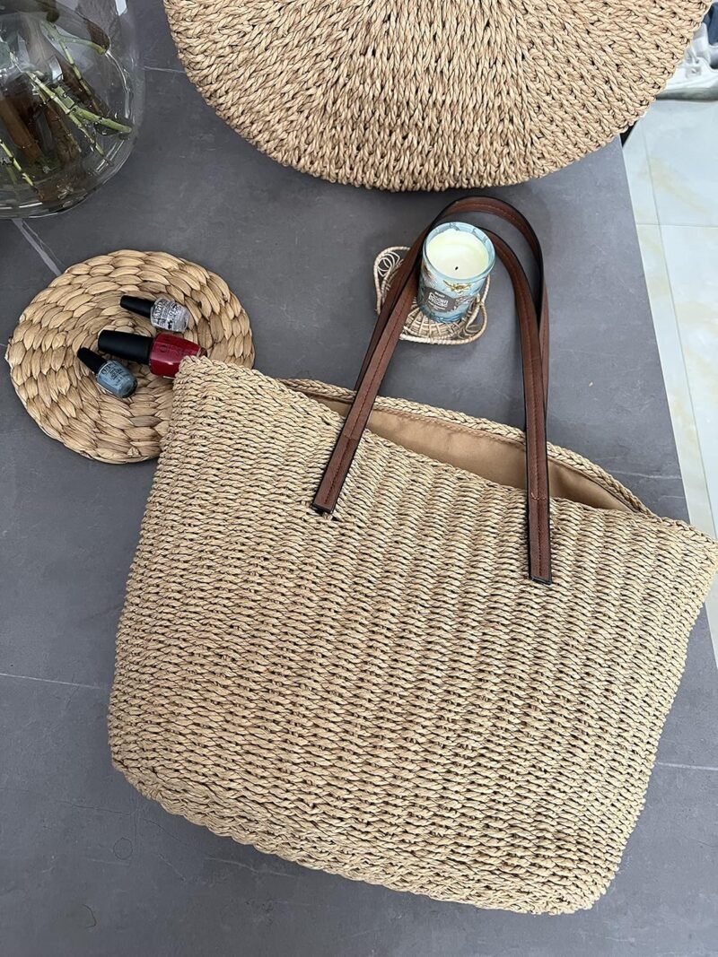 YXILEE Straw Bags For Women | M Size Travel Straw Totes Bag Woven Summer Handmade Shoulder Bag Handbag - Image 8