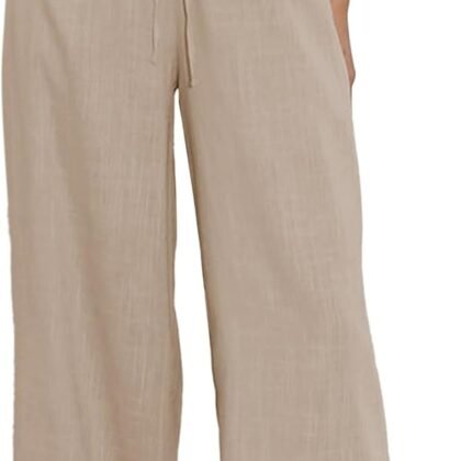 Duyang Womens Cotton Linen Palazzo Pants Drawstring Elastic Waist Casual Wide Leg Trousers with Pockets