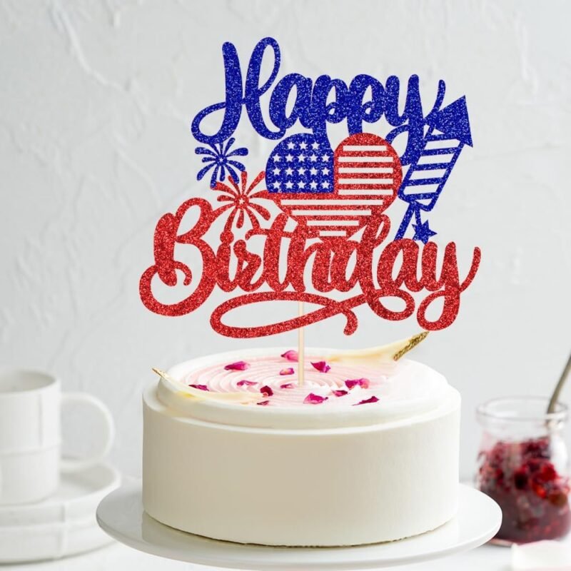 American Happy Birthday Cake Topper,Blue Red Glitter Independence Day Cake Toppers 4th of July Flag Day Photo Props for Patriotic Party/Boys Girls Independence Day Happy Birthday Party - Image 4