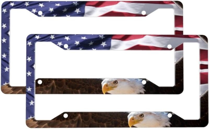 Eagle American Flag License Plate Frames, 2 Packs July 4th Independence Day Decorative License Plate Covers Cute Car Accessories Aluminum License Plate Holder for Women Men