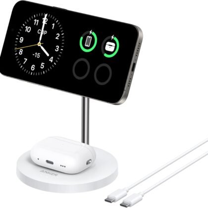 Anker MagSafe Compatible MagGo Charger Stand, iPhone 16 Wireless Charger, 2-in-1 Charging Station, Qi2 Certified 15W Wireless Charger Stand, for iPhone 16/15/14/13/12, AirPods Pro (No Adapter)