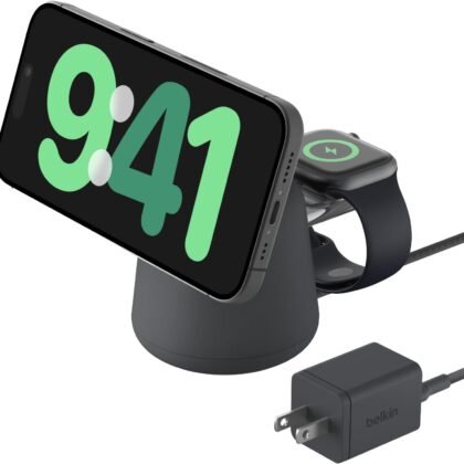 Belkin 2-in-1 MagSafe Wireless Charging Dock 15W Fast Charge iPhone Charger Compatible with iPhone 16, 15, 14, and 13 Series, AirPods, and Other MagSafe Enabled Devices, Includes Power Supply - Black