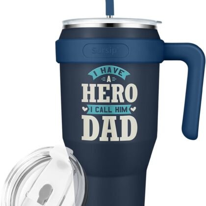 Sursip 40 oz Insulated Tumbler with Handle and Straw-Stainless Steel Vacuum Insulated Mug,Gifts for Women Men Him Her,Iced Tea or Coffee,My Hero Dad(Dark Blue)