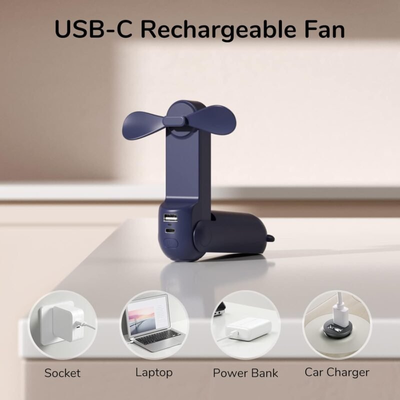 JISULIFE Handheld Mini Fan, 3 IN 1 USB Rechargeable Portable Fan [12-19 Working Hours] with Power Bank, Flashlight, Pocket Design for Travel/Summer/Concerts/Lash, Gifts for Women (Dark Blue) - Image 5