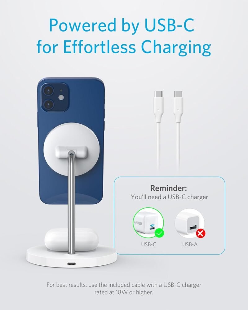 Anker iPhone 16 Wireless Charging Stand, PowerWave 2-in-1 Magnetic Stand Lite with USB-C Cable, For iPhone 16/15/14/13 Series, AirPods (No AC Adapter) - Image 6