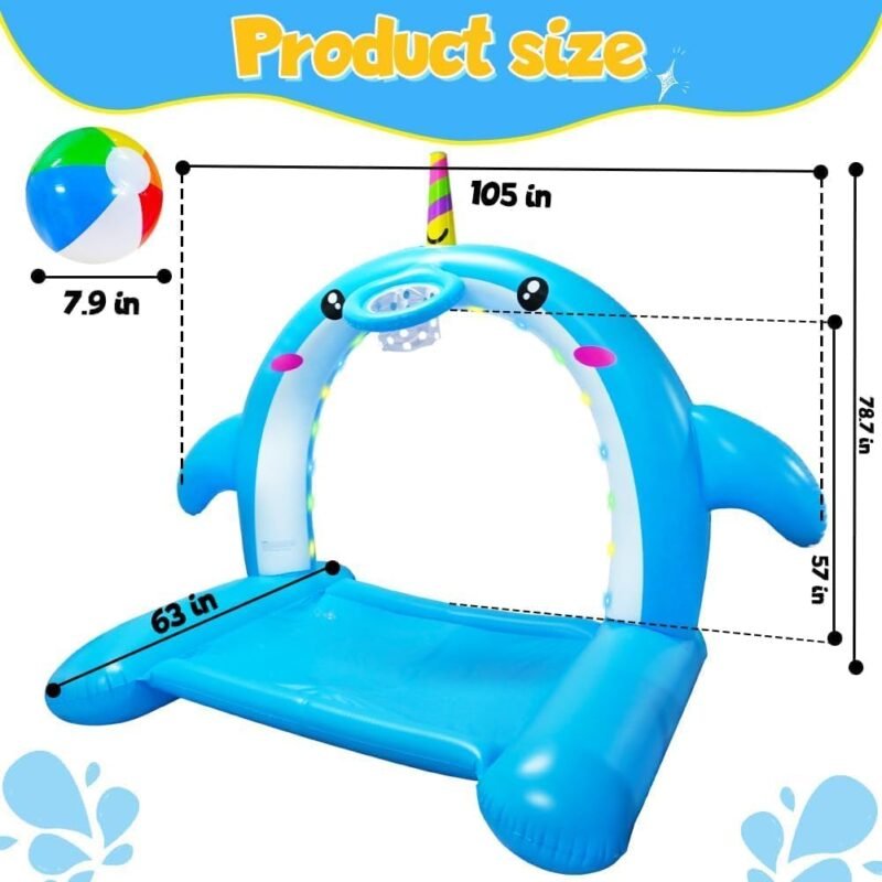 8.7FT Inflatable Whale Sprinkler Water Toys with Basketball Hoop Arch, 3-in-1 Large Splash Pad for Kids & Dogs, 16 LED Lights, Thickened Mat Toys for Outdoor Backyard & Garden Summer Fun - Image 4