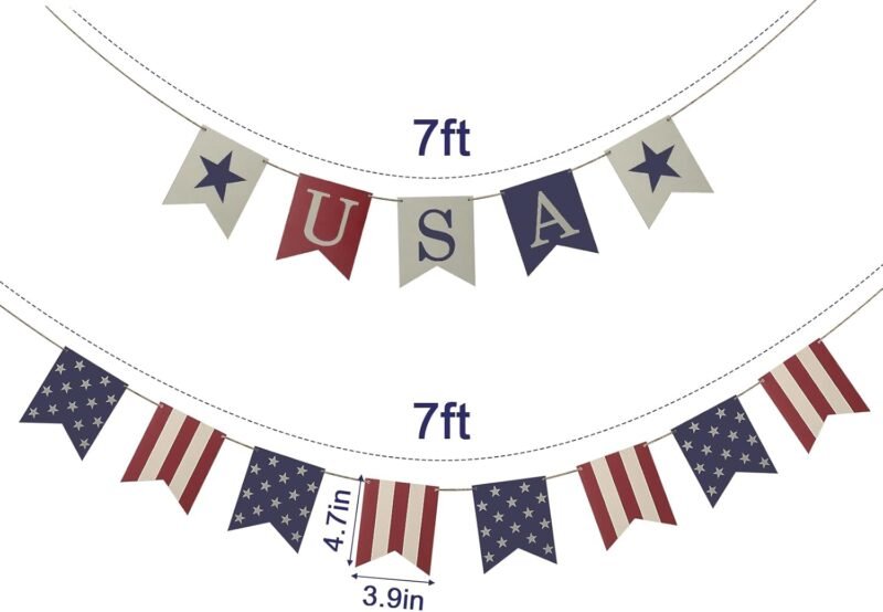 4th of July Garland Decorations, 2Pcs Rustic Red and Blue Fourth of July USA Patriotic Garland, Vintage Farmhouse Independence Day Banner for Veterans Memorial Day Mantel Wall Home Indoor Decor - Image 2