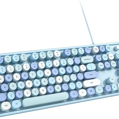 Computer Keyboard Wired, Plug Play USB Retro Round Typewriter Keyboard, Full Size Wired Keyboard with Foldable Stands for Laptop and Office PC - Blue Colorful