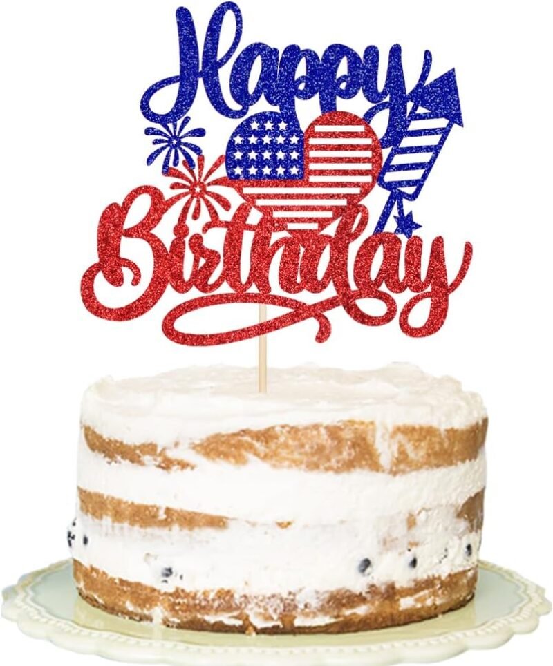 American Happy Birthday Cake Topper,Blue Red Glitter Independence Day Cake Toppers 4th of July Flag Day Photo Props for Patriotic Party/Boys Girls Independence Day Happy Birthday Party