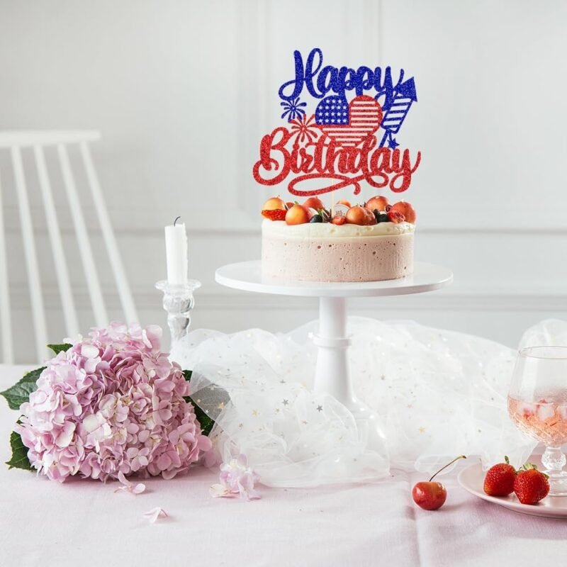 American Happy Birthday Cake Topper,Blue Red Glitter Independence Day Cake Toppers 4th of July Flag Day Photo Props for Patriotic Party/Boys Girls Independence Day Happy Birthday Party - Image 7