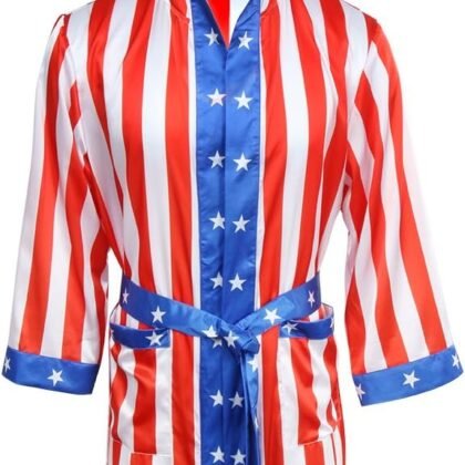 AMNPOLEN Adult Men Satin American Flag Boxing Costume Robe Cloak With Hood