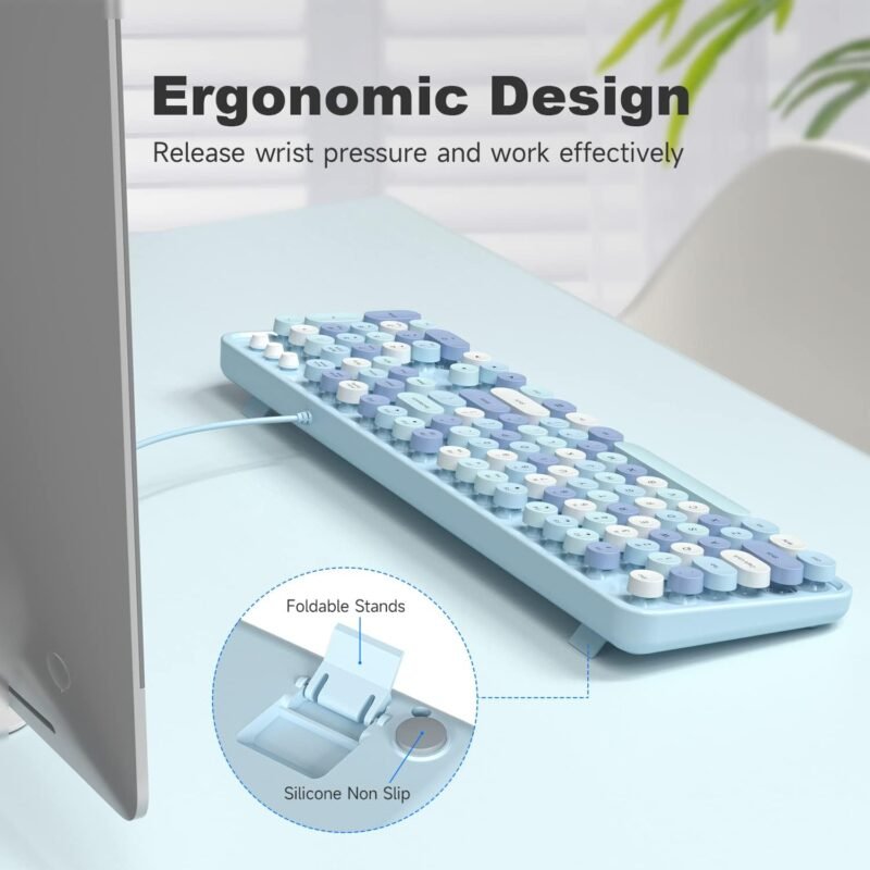 Computer Keyboard Wired, Plug Play USB Retro Round Typewriter Keyboard, Full Size Wired Keyboard with Foldable Stands for Laptop and Office PC - Blue Colorful - Image 5