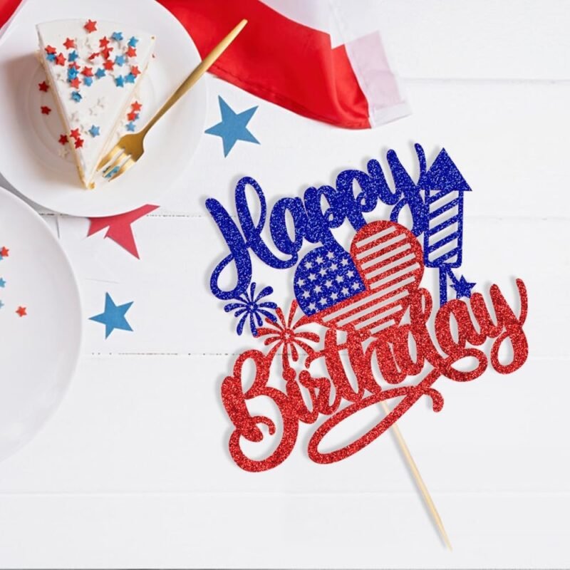 American Happy Birthday Cake Topper,Blue Red Glitter Independence Day Cake Toppers 4th of July Flag Day Photo Props for Patriotic Party/Boys Girls Independence Day Happy Birthday Party - Image 2