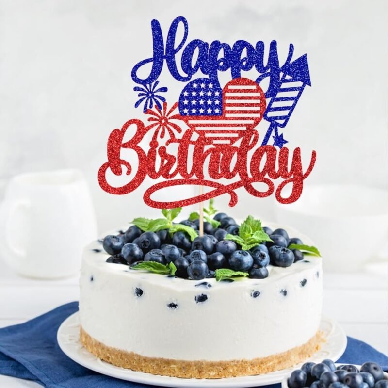 American Happy Birthday Cake Topper,Blue Red Glitter Independence Day Cake Toppers 4th of July Flag Day Photo Props for Patriotic Party/Boys Girls Independence Day Happy Birthday Party - Image 3