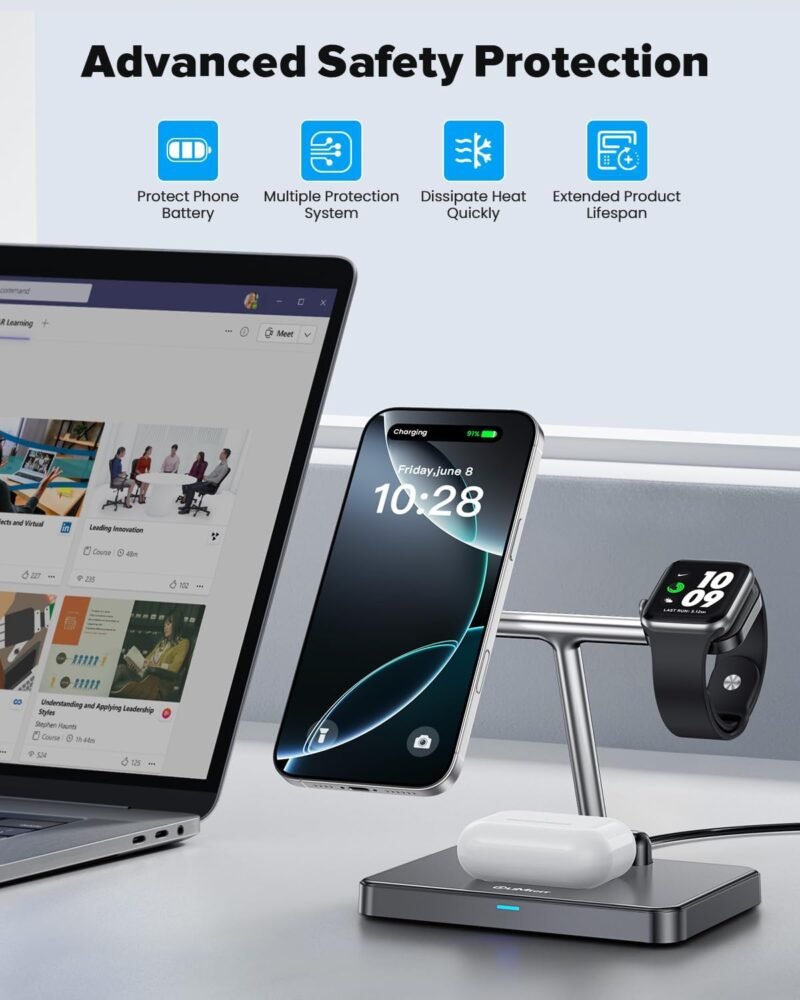 DUMTERR 3 in 1 Foldable Wireless Charging Station for Mag-Safe Charger for iPhone 16/15/14/13/12,for Apple Watch Series & AirPods - Wireless Charger Stand with N52 Strong Magnetic & Safety Protections - Image 7