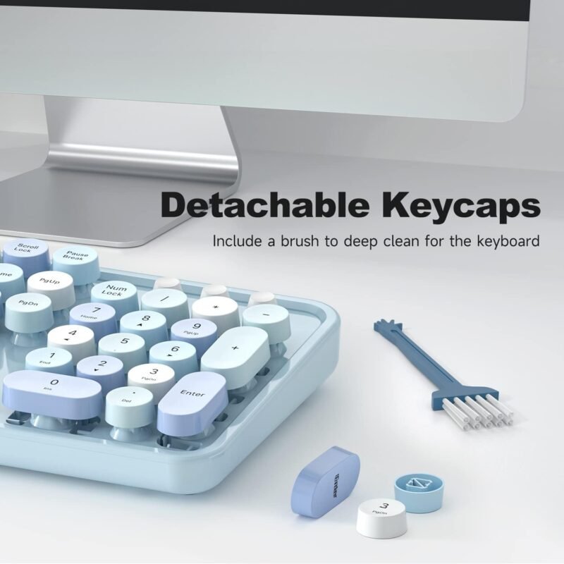 Computer Keyboard Wired, Plug Play USB Retro Round Typewriter Keyboard, Full Size Wired Keyboard with Foldable Stands for Laptop and Office PC - Blue Colorful - Image 4