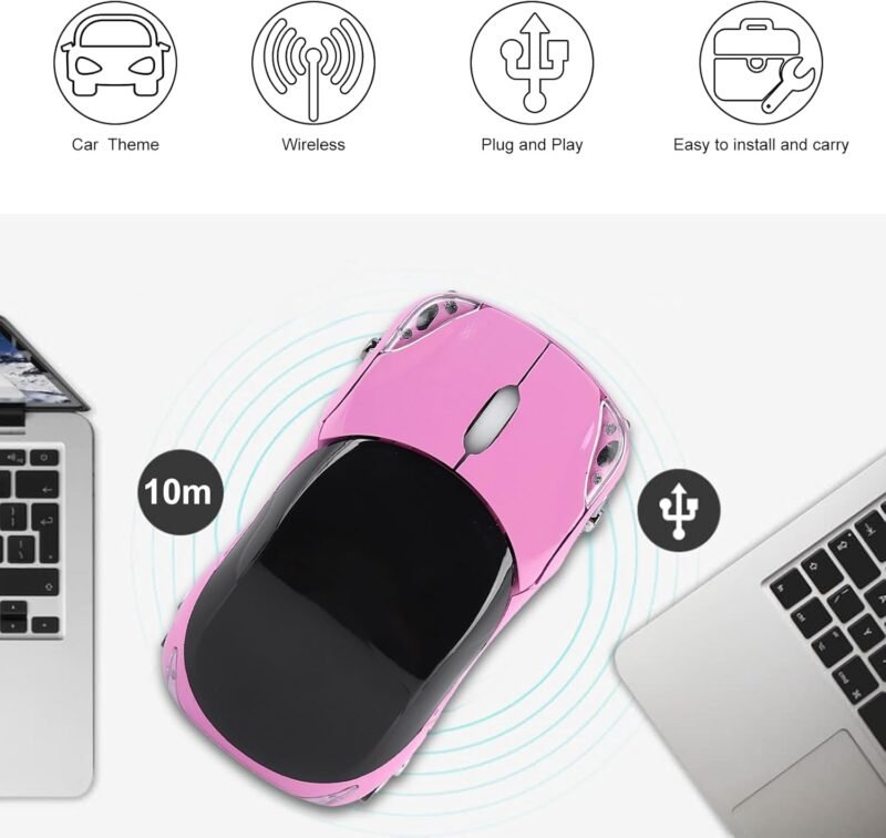 ASHATA 2.4G Car Mouse with USB Reciver 1600DPI Optical Mouse for PC Computer Laptop Tablet, High Cute Mouse for Win XP//Win7/ME/2000/for OS (Pink) - Image 3
