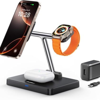 DUMTERR 3 in 1 Foldable Wireless Charging Station for Mag-Safe Charger for iPhone 16/15/14/13/12,for Apple Watch Series & AirPods - Wireless Charger Stand with N52 Strong Magnetic & Safety Protections